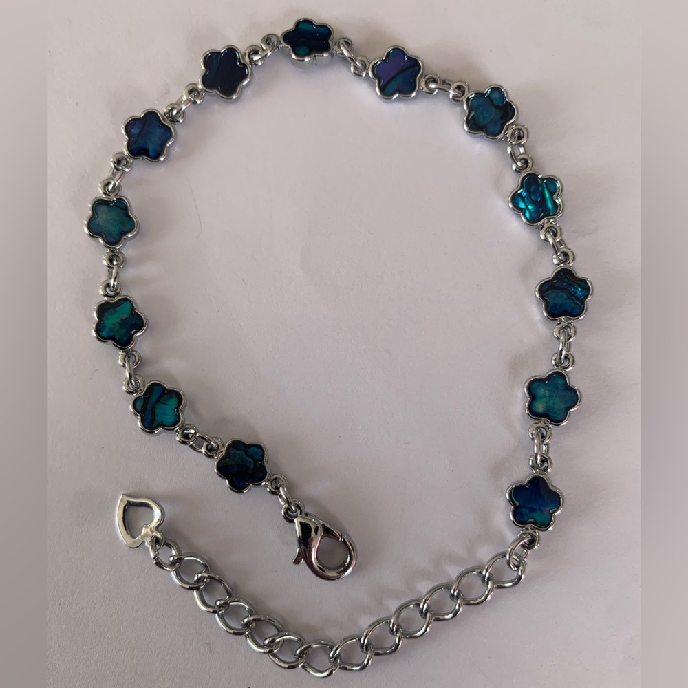 Abalone Shell Blue Flower Link Silver Plated Brac… - image 1
